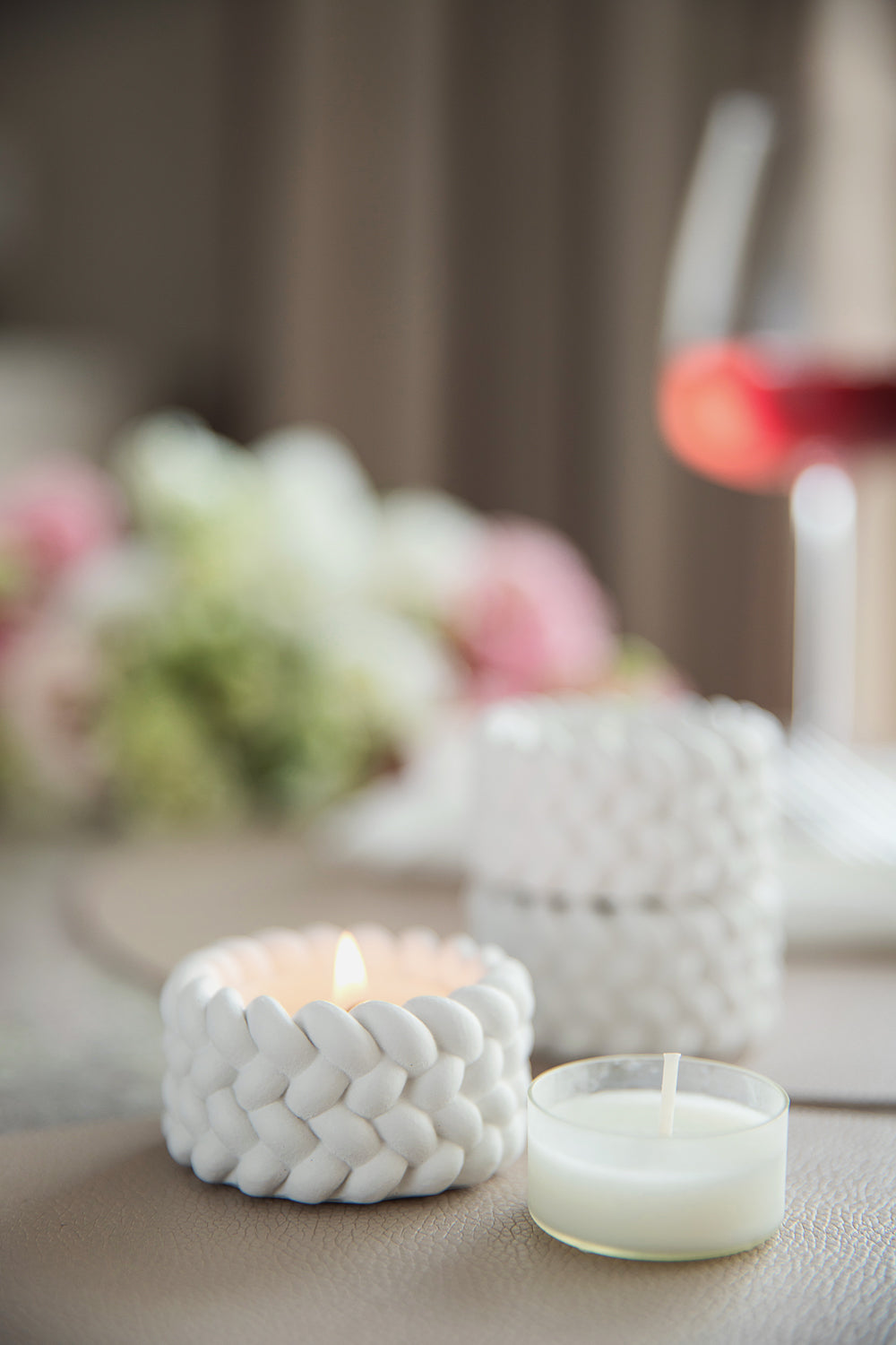 Balti ģipša tējas sveču turētāji (3 gab.) – minimālisma dizains ar virves detaļām (3 gab.)