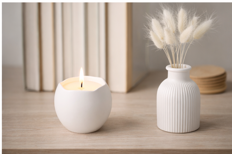 Roku darbs svece ģipša traukā – kokosriekstu vasks, kokvilnas dakts, 14 stundu degšanas laiks – minimālistisks mājas dekora dāvanai