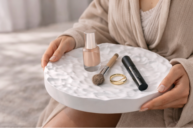 Balta ģipša rotaslietu paplāte ar kalnu reljefu