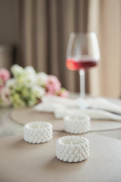 Balti ģipša tējas sveču turētāji (3 gab.) – minimālisma dizains ar virves detaļām (3 gab.)