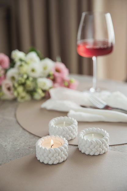 Balti ģipša tējas sveču turētāji (3 gab.) – minimālisma dizains ar virves detaļām (3 gab.)