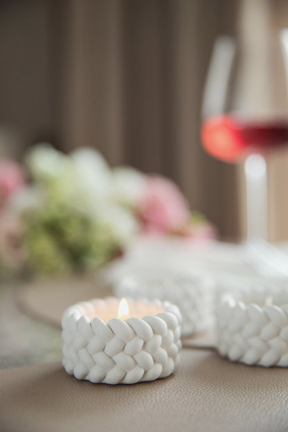 Balti ģipša tējas sveču turētāji (3 gab.) – minimālisma dizains ar virves detaļām (3 gab.)