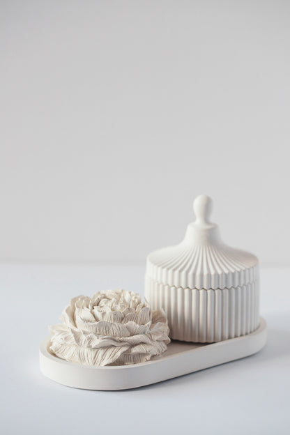 Koka aromātisko sveču dāvanu komplekts ar paplāti un ģipša peoniju ziediem - roku darbs, balts dekors, elegance ikvienam gadījumam, mājas aromāti