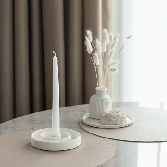 White Round Gypsum Candlestick Holder for Long Candles - Home Décor