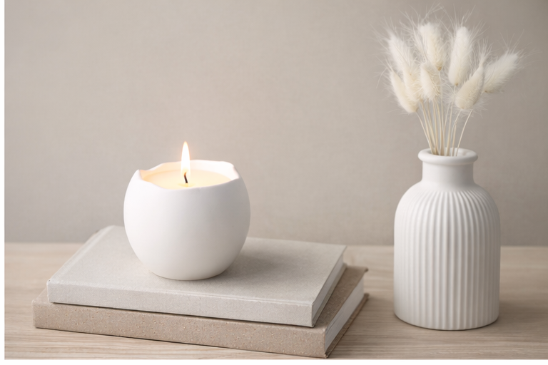 Roku darbs svece ģipša traukā – kokosriekstu vasks, kokvilnas dakts, 14 stundu degšanas laiks – minimālistisks mājas dekora dāvanai