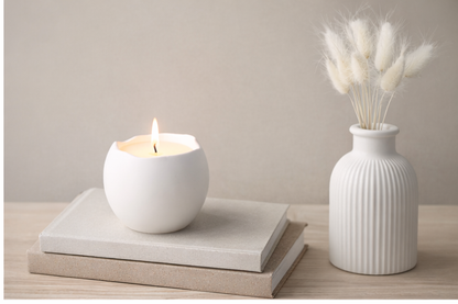 Roku darbs svece ģipša traukā – kokosriekstu vasks, kokvilnas dakts, 14 stundu degšanas laiks – minimālistisks mājas dekora dāvanai